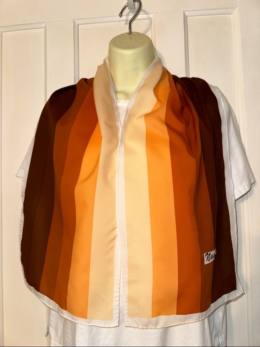 Vintage‎ Nasharr Brown, Orange, Peach & Cream Striped Satin Polyester Scarf
